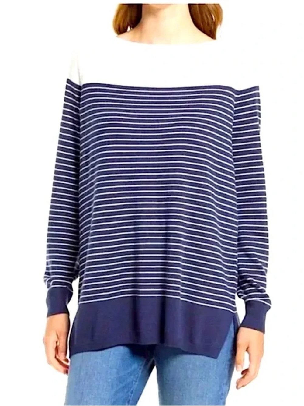Caslon Navy and White Striped Boatneck Tunic Sweater